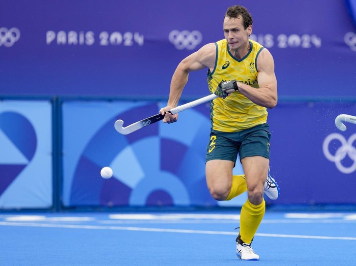 Thomas Craig of Australia controls the ball during the Mens Hockey - Pool B match between Australia and Argentina on Day 1 of the Olympic Games Paris 2024 at Yves-du-Manoir Stadium on July 27, 2024 in Colombes, France. (Photo by Alex Gottschalk/DeFodi Images via Getty Images)