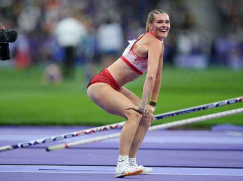 PARIS, FRANCE - AUGUST 7: Alysha Newman of Team Canada celebrates a jump during the Women's Pole Vault Final on day twelve of the Olympic Games Paris 2024 at Stade de France on August 7, 2024 in Paris, France. (Photo by Daniela Porcelli/Eurasia Sport Images/Getty Images)
