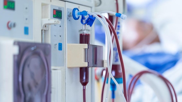 Dialysis machine is working. Acting as a substitute for the kidneys to drive waste from the body.