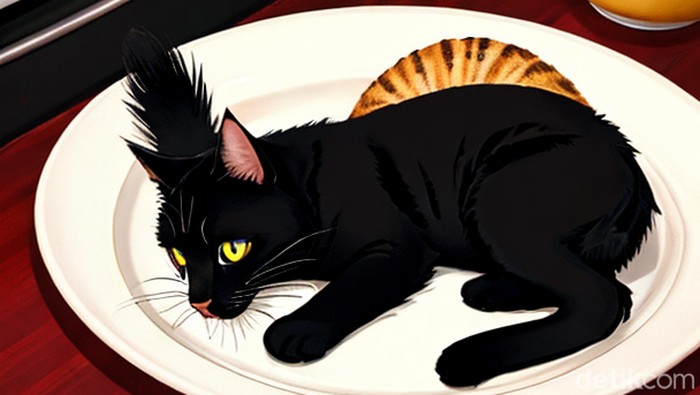 Ilustrasi kucing dihidangkan di piring
