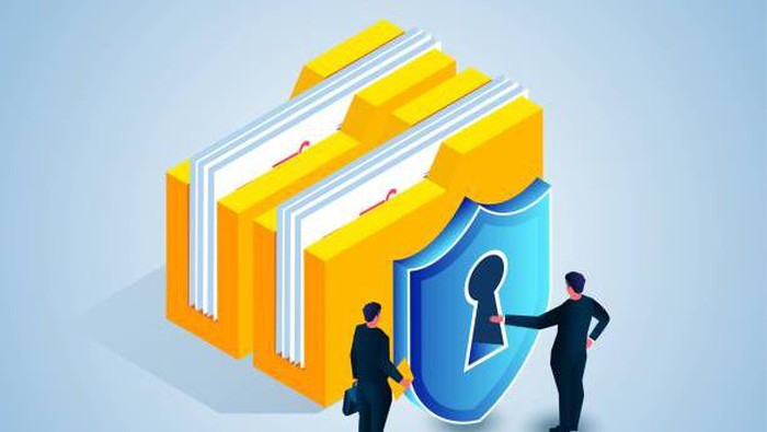 Isometric folder and shield, document privacy and business data security