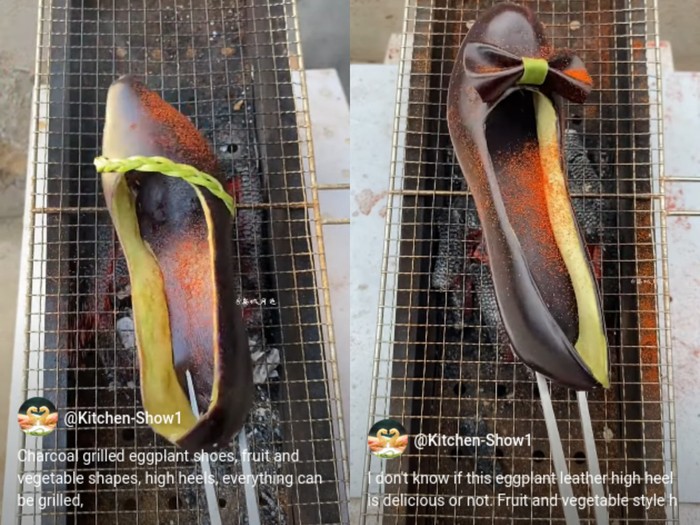 jajanan china unik berupa terong bakar berbentuk sepatu heels