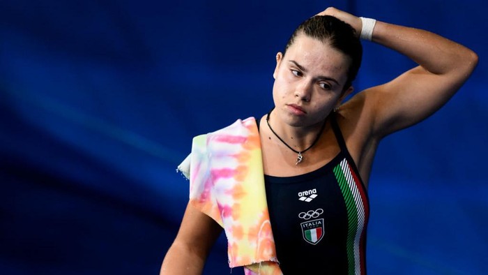 Maia Biginelli of Italy reacts after competing in the diving 10m Platform Women Preliminary during the Paris 2024 Olympic Games at Aquatics Centre. Paris (France), August 05th, 2024  (Photo by Deepbluemedia/Mondadori Portfolio via Getty Images)