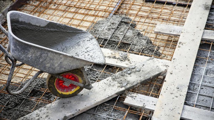 Fresh Reinforced concrete for building foundation on construction site