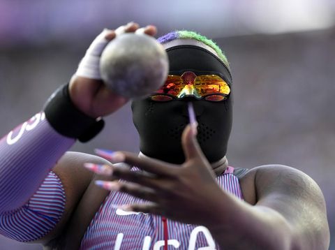 Raven Saunders, of the United States, competes during the women's shot put qualification at the 2024 Summer Olympics, Thursday, Aug. 8, 2024, in Saint-Denis, France. (AP Photo/Bernat Armangue)
