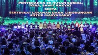 Jokowi menyerahkan 15 SK hutan sosial, TORA, sawit rakyat, serta sertifikat layanan dana lingkungan dengan didampingi Menteri LHK Siti Nurbaya, Menko Perekonomian Airlangga Hartarto, dan Menteri Keuangan Sri Mulyani.