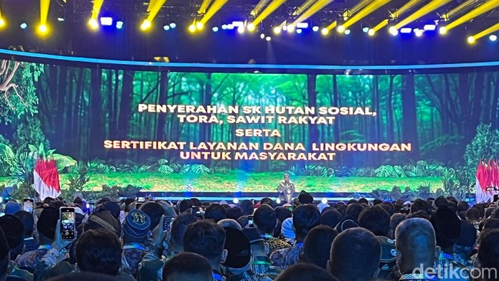 Menko Perekonomian Airlangga Hartarto menngapresiasi KLHK atas penyerahan 173 SK Tanah Obyek Reforma Agraria (TORA) dalam gelaran Festival LIKE 2024. (Rumondang N/detikcom)
