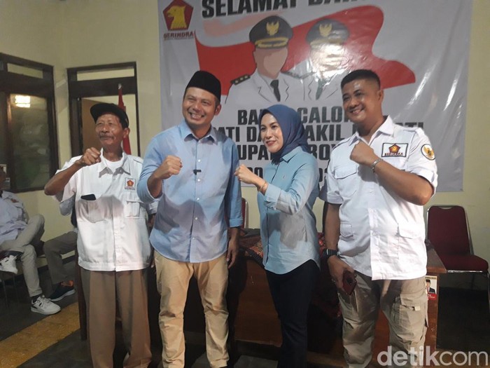 Agus Irawan dan Dwi Fajar Nirwana saat bersafari politik ke DPC Gerindra Boyolali, Jumat (9/8/2024).