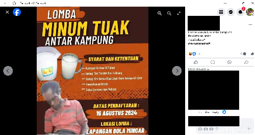Salah satu postingan Facebook soal pamflet lomba minum tuak antar kampung di Desa Pasir Putih, Kecamatan Nagawutung, Lembata, NTT. (Tangkapan layar)