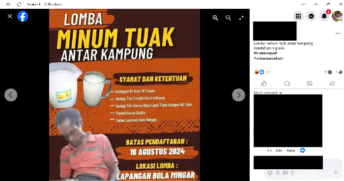 Salah satu postingan Facebook soal pamflet lomba minum tuak antar kampung di Desa Pasir Putih, Kecamatan Nagawutung, Lembata, NTT. (Tangkapan layar)