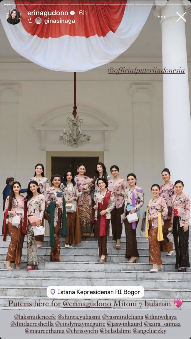 Para sahabat Erina Gudono dari Puteri Indonesia juga turut hadir dan kompak mengenakan kebaya motif bunga yang dipadukan dengan kain batik. Foto: Instagram/@erinagudono