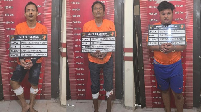 Tampang ketiga kawanan spesialis pencuri motor saat diamankan. (Foto: Dok. Polsek Medan Baru)