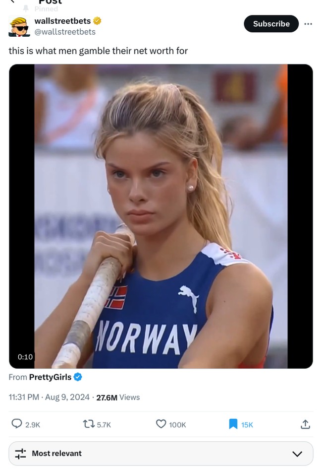 Wanita berambut pirang tersebut terlihat mengenakan baju bertuliskan Norway yang menjelaskan asal negaranya. Karena itu, banyak orang mengira ia sedang mewakili Norwegia dalam Olimpiade Paris 2024. Foto: Instagram