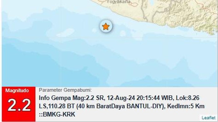 Gempa bumi M 2,2 Bantul, Senin (12/8/2024).