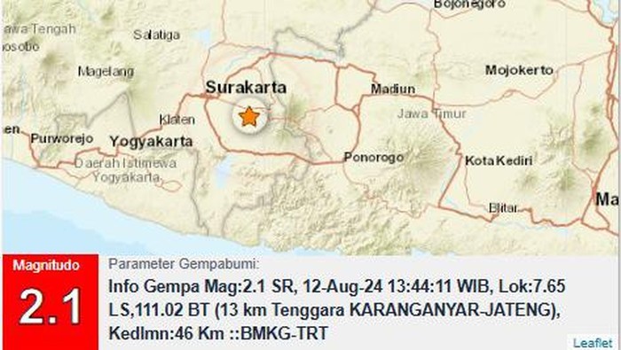 Gempa M 2,1 di Karanganyar pukul 13.44 WIB, Senin (12/8/2024).