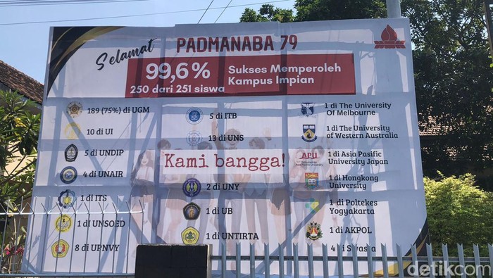 Baliho 99,6% lulusan SMAN 3 Jogja diterima di kampus impian atau cuma 1 yang belum diterima di perguruan tinggi. Foto diambil Selasa (13/8/2024).