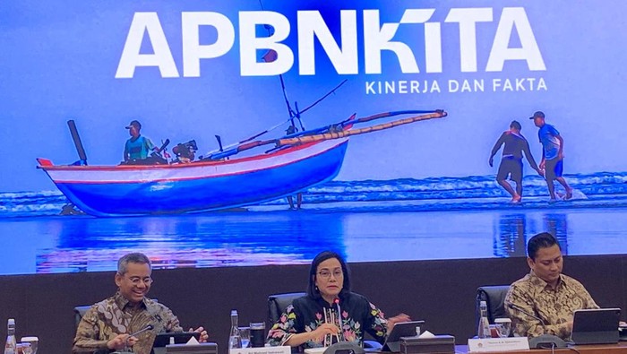 Menkeu Sri Mulyani dalam konferensi pers APBN KiTA di kantornya, Jakarta Pusat, Selasa (13/8/2024).