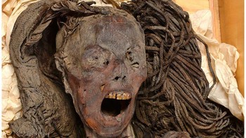 Mumi menjerit: Beberapa mumi telah ditemukan di Mesir, tapi tidak semuanya telah diidentifikasi. Salah satu mumi yang diisebut sebagai Unknown Man E, dikenal karena satu ciri khasnya, mulutnya seperti menjerit atau berteriak. Dapat diasumsikan bahwa siapa pun itu, dulu meninggal dalam penderitaan. Diduga mumi itu bisa jadi Pentawer, seorang pangeran yang berencana membunuh ayahnya sendiri, dan dipaksa bunuh diri setelah diadili.  Foto: Dokumentasi Ahli Radiologi Sahar Saleem dari Universitas Kairo, Jurnal Frontier in Medicine