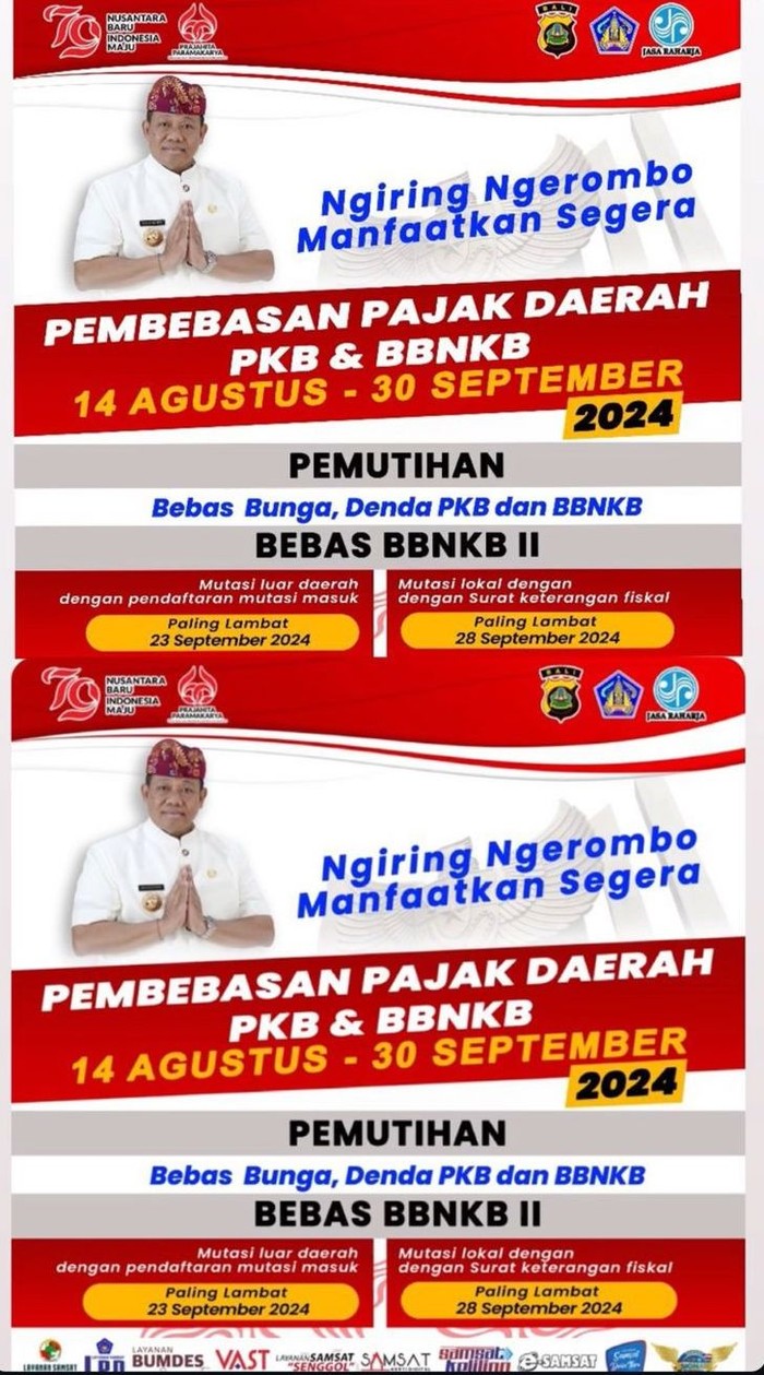 Pengumuman pemutihan pajak kendaraan di Bali.