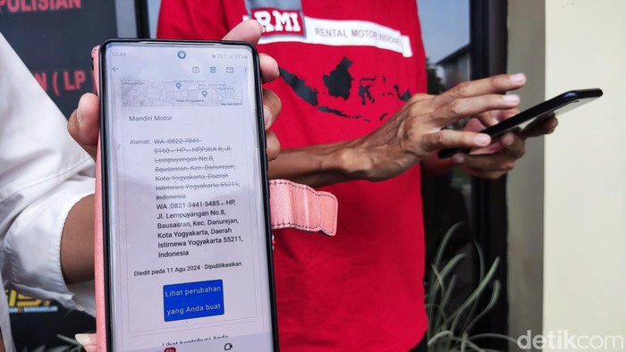 Pengurus Komunitas RMI menunjukkan akun Google Bisnis rental motor di Jogja yang diubah oleh penipu.