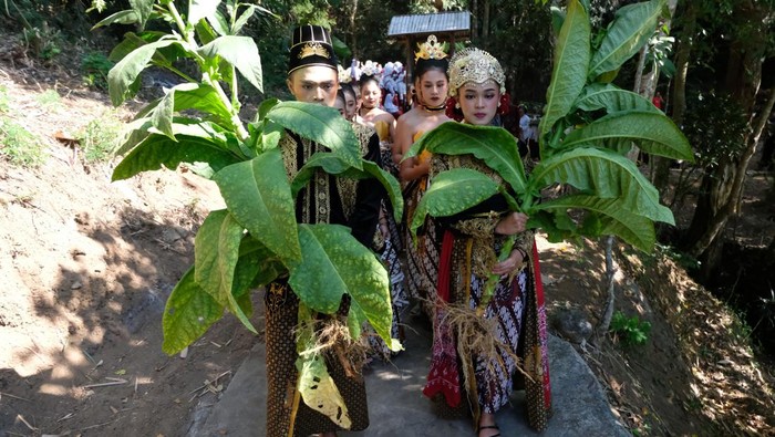 Sepasang remaja membawa pohon tembakau saat ritual Manten Tembakau di sendang Piwakan, kawasan lereng Gunung Sumbing Dusun Gopaan, Genito, Windusari, Magelang, Jateng, Selasa (13/8/2024). Tradisi Manten Tembakau rutin dilaksanakan masyarakat petani setempat setiap Selasa Pahing bulan Sapar penanggalan Jawa yang merupakan pernikahan sepasang pohon tembakau bernama Kyai Pulung Seto dan Nyai Srinthil sebagai wujud permohonan kepada Tuhan agar mendapat kesuksesan dan kelancaran selama musim tembakau. ANTARA FOTO/Anis Efizudin/rwa.