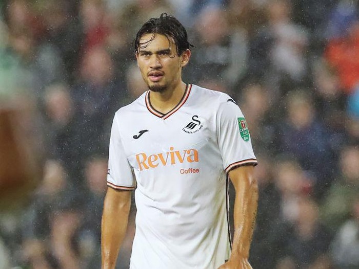 SWANSEA, WALES - AUGUST 13: Nathan T-Joe-On of Swansea City in action during the Carabao Cup match between Swansea City and Gillingham at the Swansea.com Stadium on August 13, 2024 in Swansea, Wales. (Photo by Athena Pictures/Getty Images)