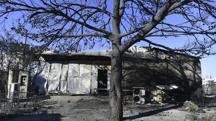 A damaged gym is seen in Nea Penteli, suburb of Athens, on Tuesday, Aug. 13, 2024, following a major wildfire that has burned into the northern suburbs of the Greek capital, triggered multiple evacuations. (AP Photo/Michael Varaklas)