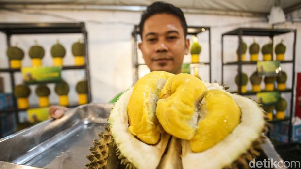 Pengunjung mencicipi durian di rooftop Mal Kota Kasablanka, Jakarta, Rabu (14/8/2024). Memeriahkan HUT ke-79 RI terdapat festival kuliner khas nusantara yang mengangkat durian Indonesia di pusat perbelanjaan. Beragam varian durian siap disantap mulai dari petruk, bawor, medan, hingga musangking lengkap di sini.