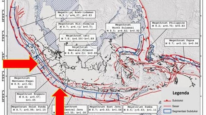 Peta zona megathrust di Indonesia