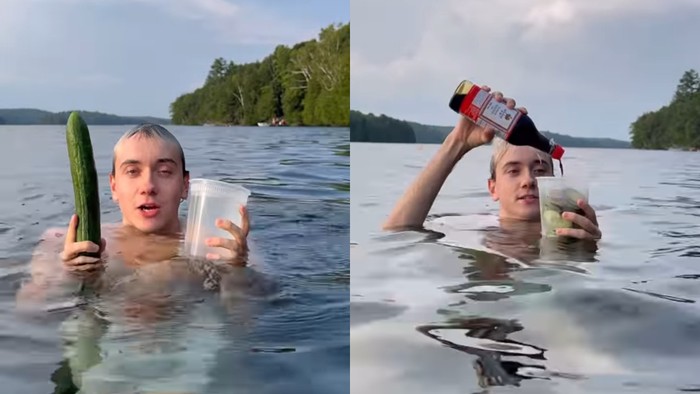 Pria ini bikin acar mentimun sambil berenang di danau