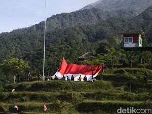 Gagah! Bendera Merah Putih Raksasa Berkibar di Lereng Merapi