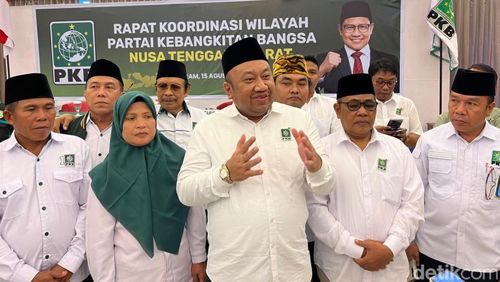 Ketua DPW PKB NTB Lalu Hadrian Irfani saat ditemui seusai Rapat Koordinasi Wilayah PKB NTB di Hotel Grand Legi Mataram pada Kamis (15/8/2024). (Foto: Helmy Akbar/detikBali)