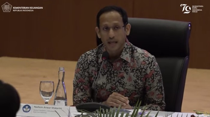 Menteri Pendidikan, Kebudayaan, Riset, dan Teknologi, Nadiem Makarim dalam Konferensi Pers Nota Keuangan dan Rancangan Anggaran Pendapatan dan Belanja Negara (RAPBN) 2025 di Kantor Kementerian Keuangan, Jakarta, Jumat (16/8/2024). (Tangkapan Layar Youtube Kementerian Keuangan)