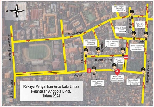 Denah pengalihan arus lalu lintas di kawasan kantor DPRD Kota Denpasar, Jalan Mawar, Denpasar, pada Senin (19/8/2024). (Foto: Dinas Perhubungan Kota Denpasar)