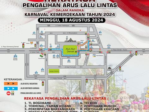 Info titik penutupan jalan adanya karnaval di pusat kota Demak, MInggu (18/8/2024).
