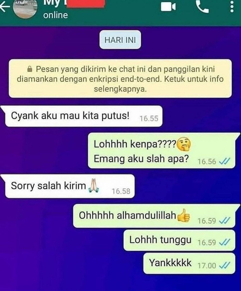 Kalau mau kirim pesan, jangan lupa dicek lagi sebelum pencet tombol kirim. Nanti jadinya kayak begini.