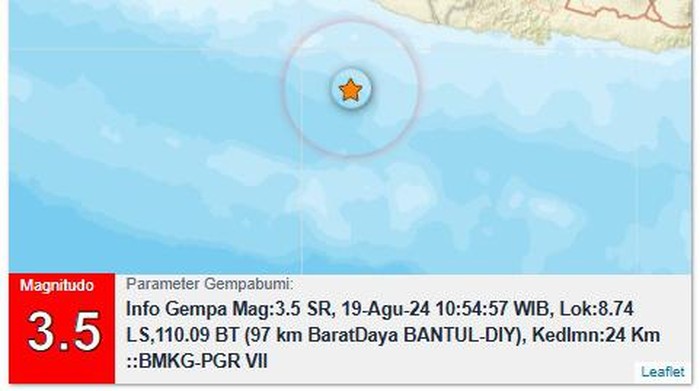 Gempa M 3,5 di perairan Bantul, Senin (19/8/2024).