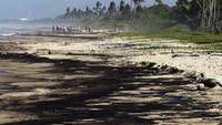 Pekerja membersihkan pantai setelah tumpahan minyak di Boca de Aroa, Venezuela, 16 Agustus 2024. 