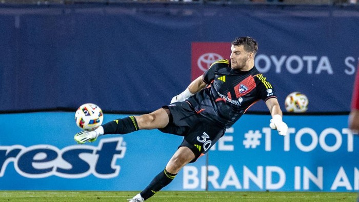 FRISCO, TX - MAY 11: FC Dallas goalkeeper Maarten Paes (#30) kicks the ball up field during the MLS soccer game between FC Dallas and Austin FC on May 11, 2024 at Toyota Stadium in Frisco, TX. (Photo by  Matthew Visinsky/Icon Sportswire via Getty Images)