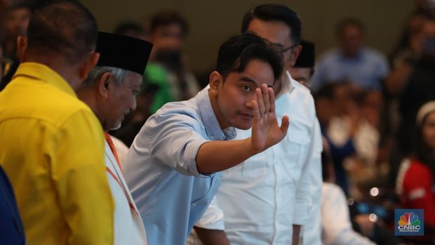 Wakil Presiden terpilih 2024-2029 Gibran Rakabuming Raka  di Golden Ballroom, Hotel Sultan, Jakarta, Senin (19/8/2024). (CNBC Indonesia/Tri Susilo)