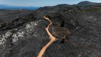 Foto Udara Lahan Hangus di Pinggiran Athena Imbas Kebakaran Hutan