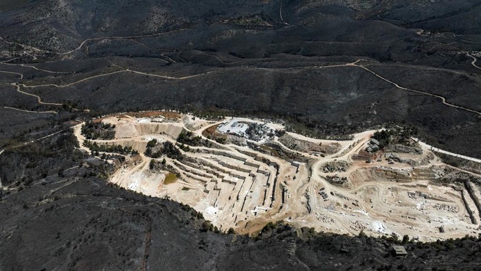 A drone view shows a charred forest area following a wildfire, in Marathon, near Athens, Greece, August 14, 2024. REUTERS/Stelios Misinas