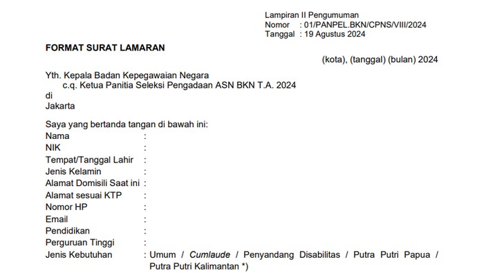 Surat Lamaran CPNS Tahun 2024