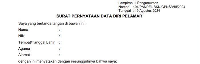 Surat Pernyataan Diri Pelamar CPNS 2024