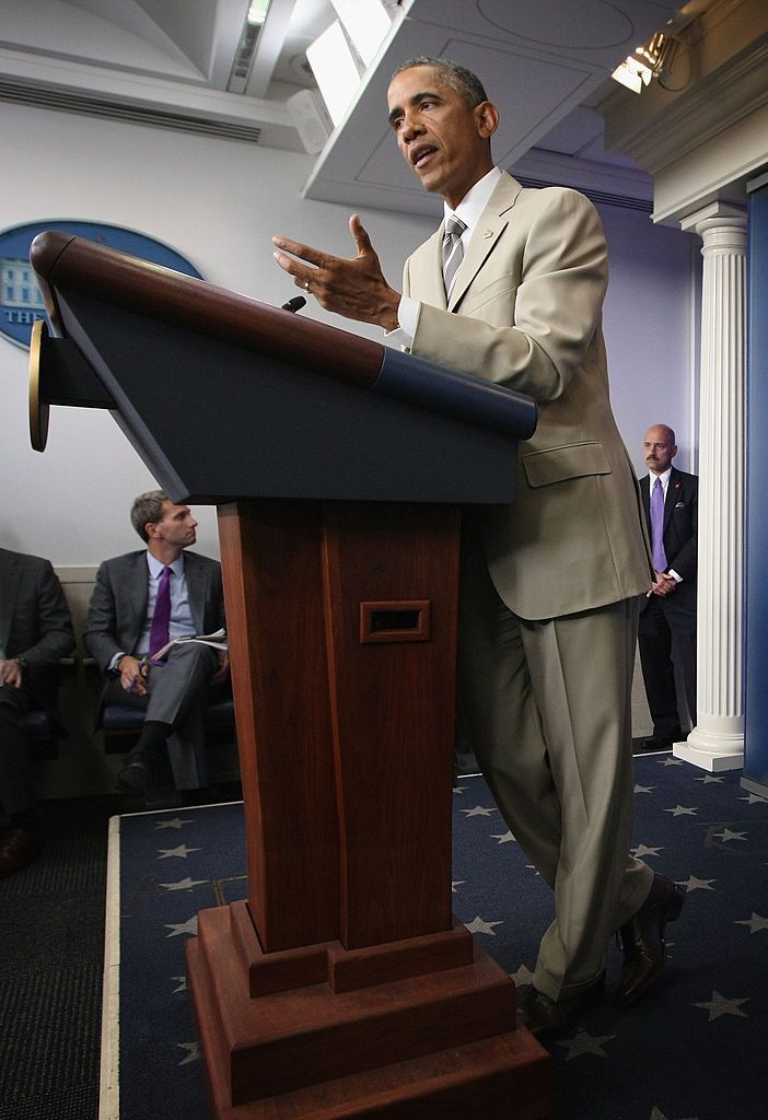 WASHINGTON, DC - AUGUST 28:  U.S. President Barack Obama makes a statement at the James Brady Press Briefing Room of the White House August 28, 2014 in Washington, DC. President Obama spoke on various topics including possible action against ISIL and immigration reform.  (Photo by Alex Wong/Getty Images)