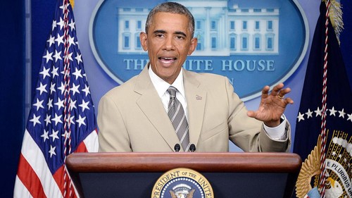 President Barack Obama speaks Thursday August 28 2014 on the situation in Ukraine in the Press Briefing Room of the White House .President Obama said that Russia is responsible for the violence In Eastern Ukraine.   (Photo by Olivier Douliery/WHITE HOUSE POOL (ISP POOL IMAGES)/Corbis/VCG via Getty Images)