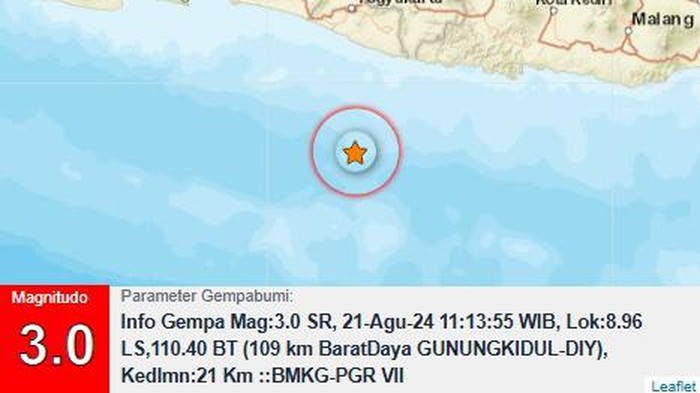 Gempa M 3,0 di Gunungkidul, Rabu (21/8/2024).