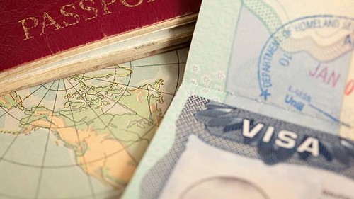 US visa, vintage map and passport background
