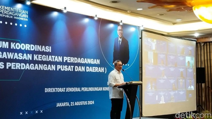 Menteri Perdagangan Zulkifli Hasan atau Zulhas dalam acara Forum Koordinasi Pengawasan Kegiatan Perdagangan, Hotel Aryaduta Menteng, Jakarta Pusat, Rabu (21/8/2024).