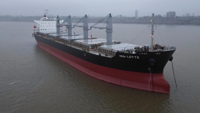 A drone view of a Liberian-flagged cargo ship anchored after Argentine authorities quarantined it on the Parana River over a suspected case of mpox onboard, according to the government, in San Lorenzo, Argentina August 21, 2024. REUTERS/Tomas Cuesta